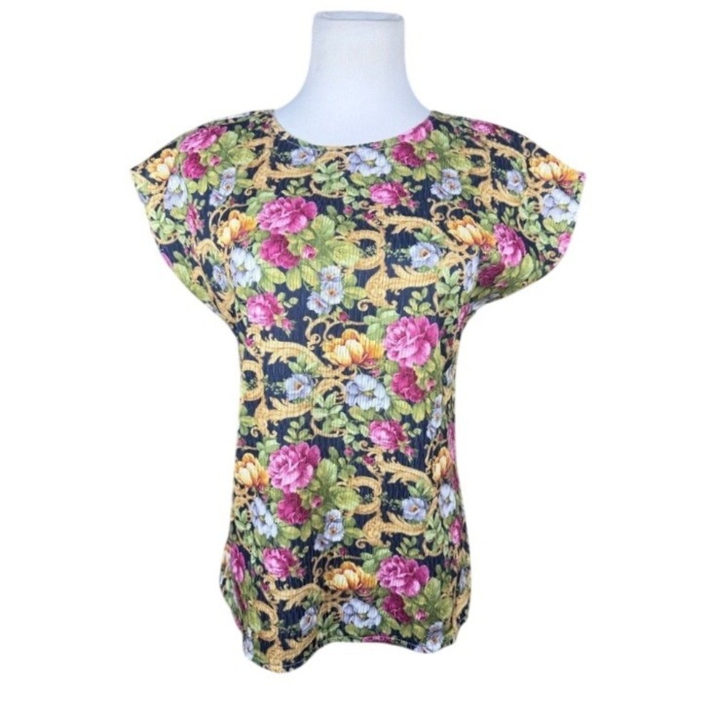 Vintage Joanna Women Medium Floral Baroque Textured Short Sleeve Blouse USA Made